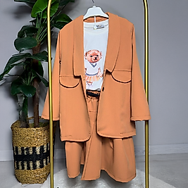 Gabardin Kumaş Ayıcık Desenli Pile Etekli Kız Çocuk 3lü Takım