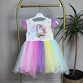 Ünicorn Düz Tüllü Model  Kız Çocuk Elbise