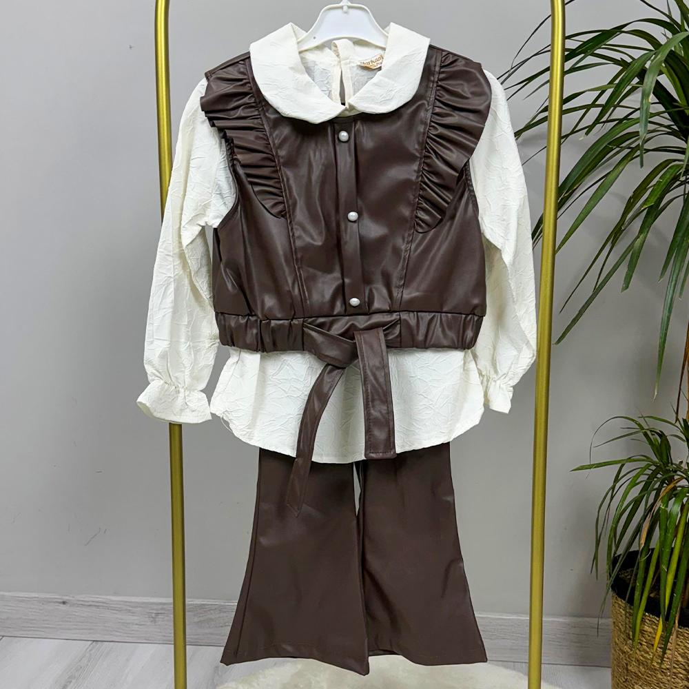 Deri Gömlekli Yelekli İspanyol Paçalı Kız Üçlü Takım