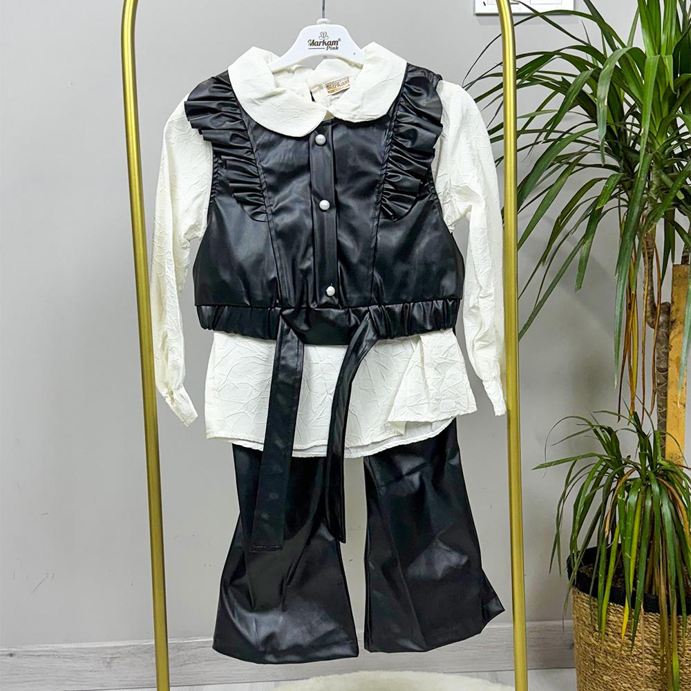 Siyah Deri Gömlekli Yelekli İspanyol Paçalı Kız Üçlü Takım