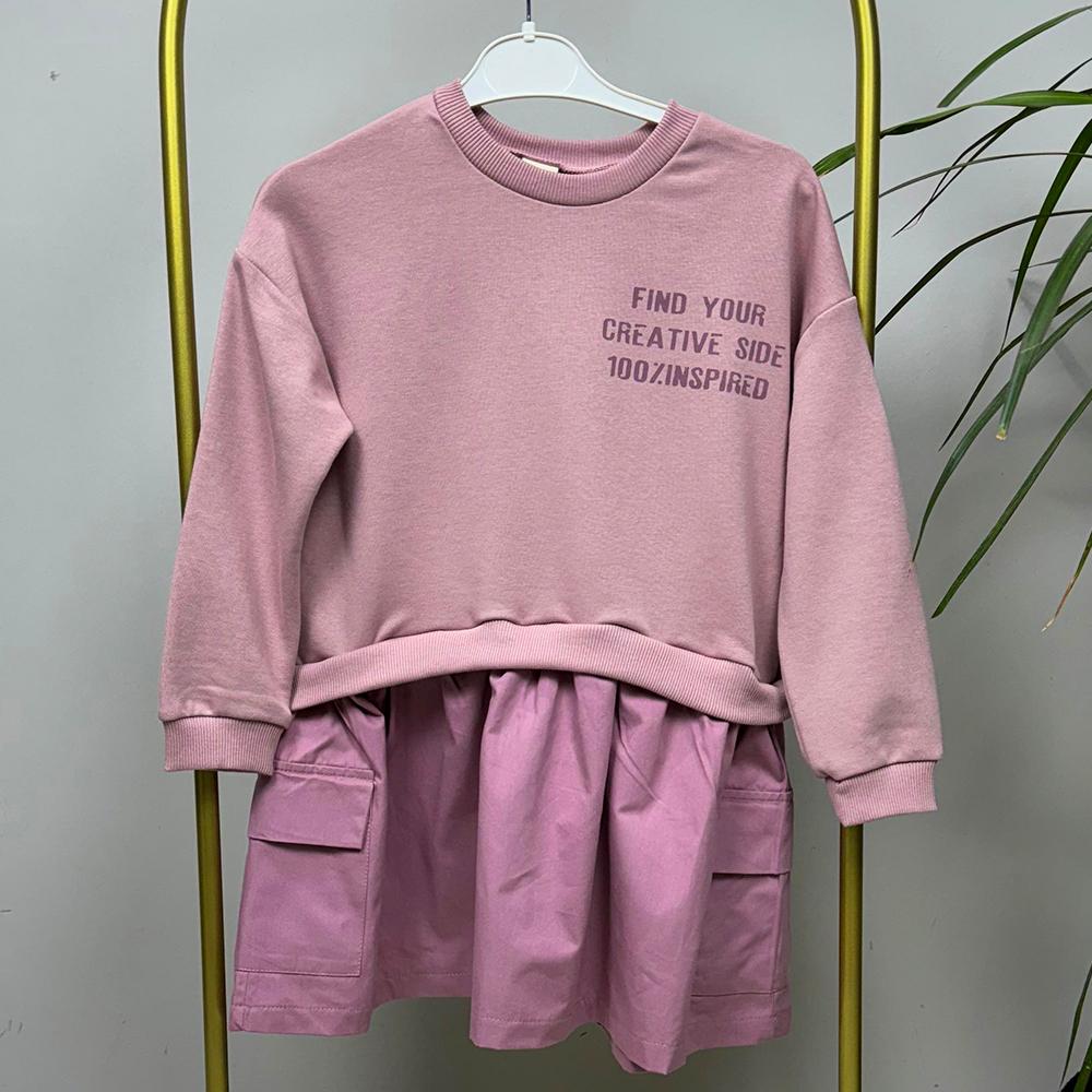 Sırt Baskılı Pembe Kız Çocuk Elbise