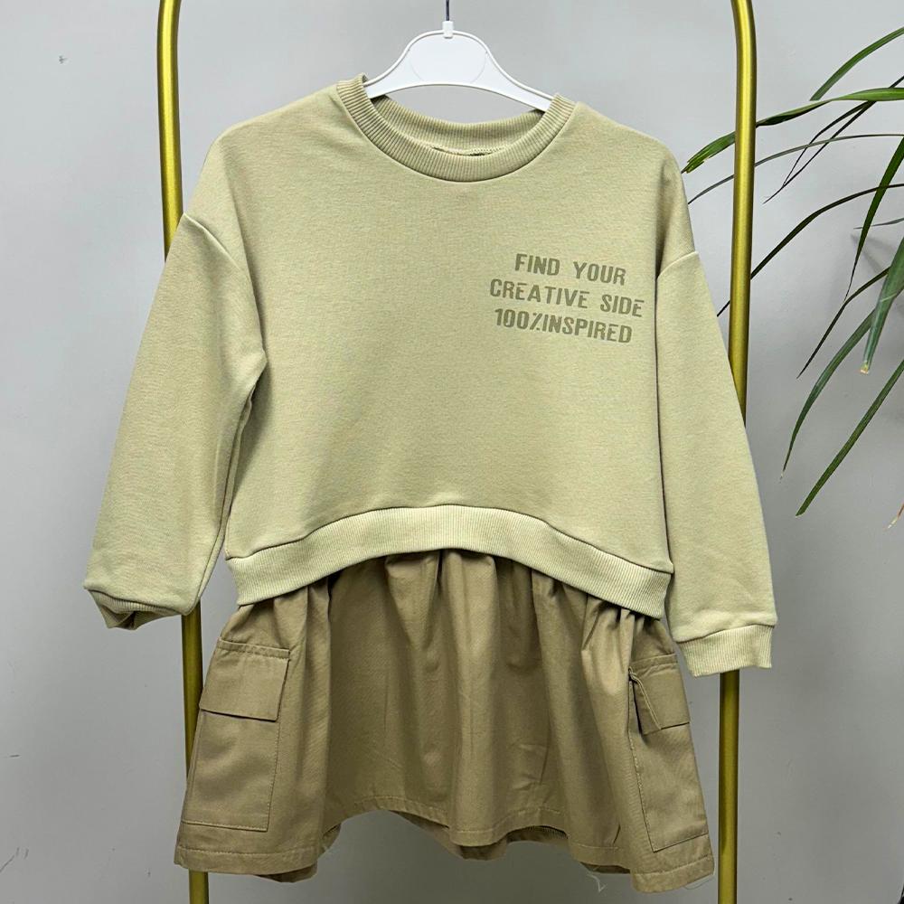 Sırt Baskılı Yeşil Kız Çocuk Elbise