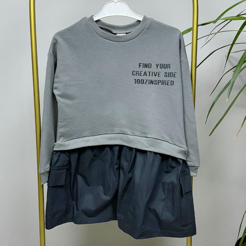 Sırt Baskılı Füme Kız Çocuk Elbise