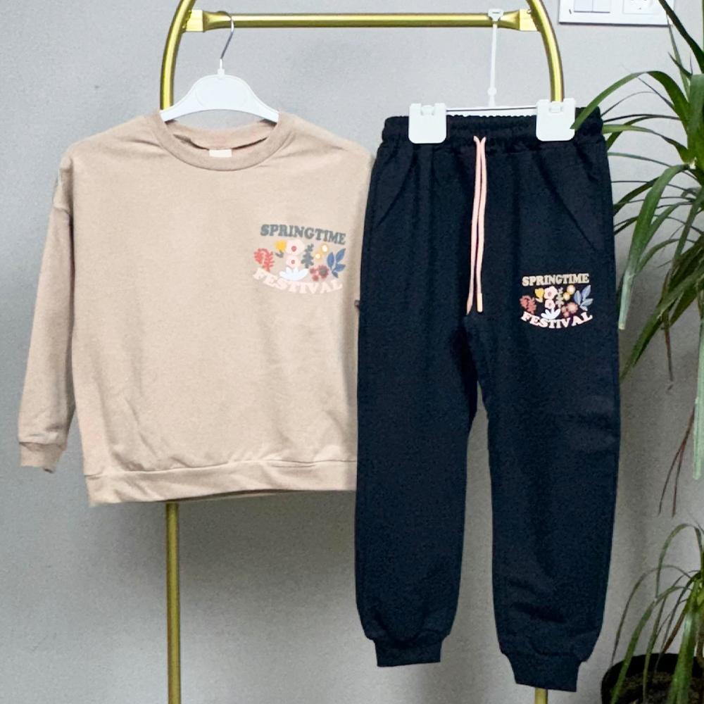 Çiçek Desenli Lacivert ve Kahve Renkli İkili Kız Çocuk Takım