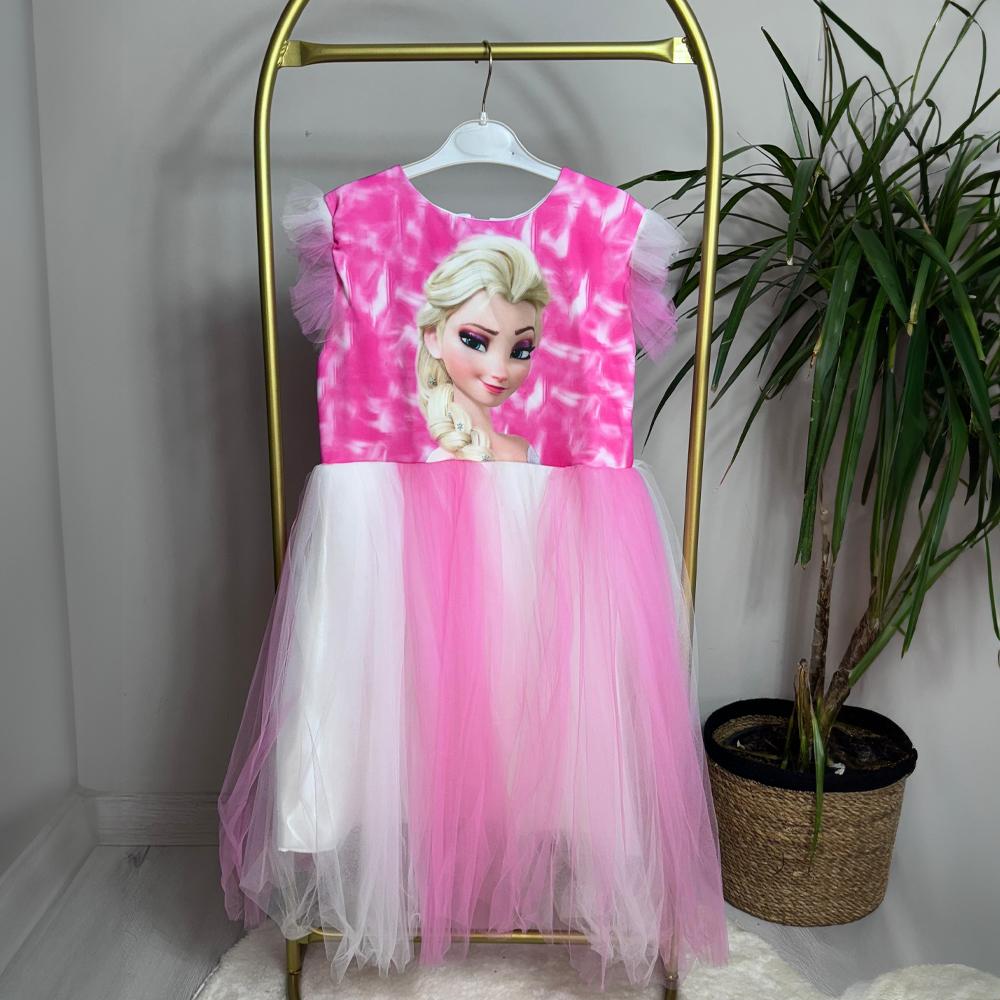 Elsa Düz Model Taç Hediyeli Kız Çocuk Elbisesi