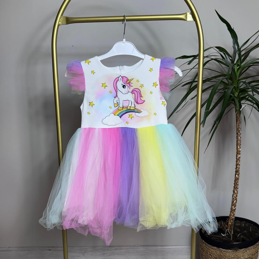 Ünicorn Düz Tüllü Model  Kız Çocuk Elbise