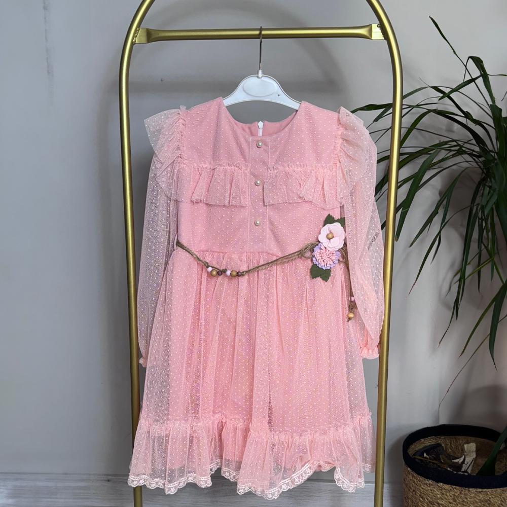 İnci Düğme Detaylı Kız Çocuk Elbise