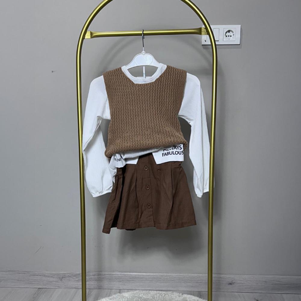 Triko Süveterli Bütüncük Gömlekli Keten Etekli Kız Üçlü Takım