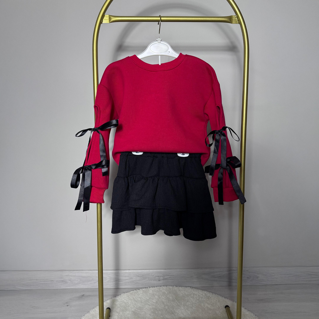 Kurdele Detaylı Kız Çocuk Etekli Takım