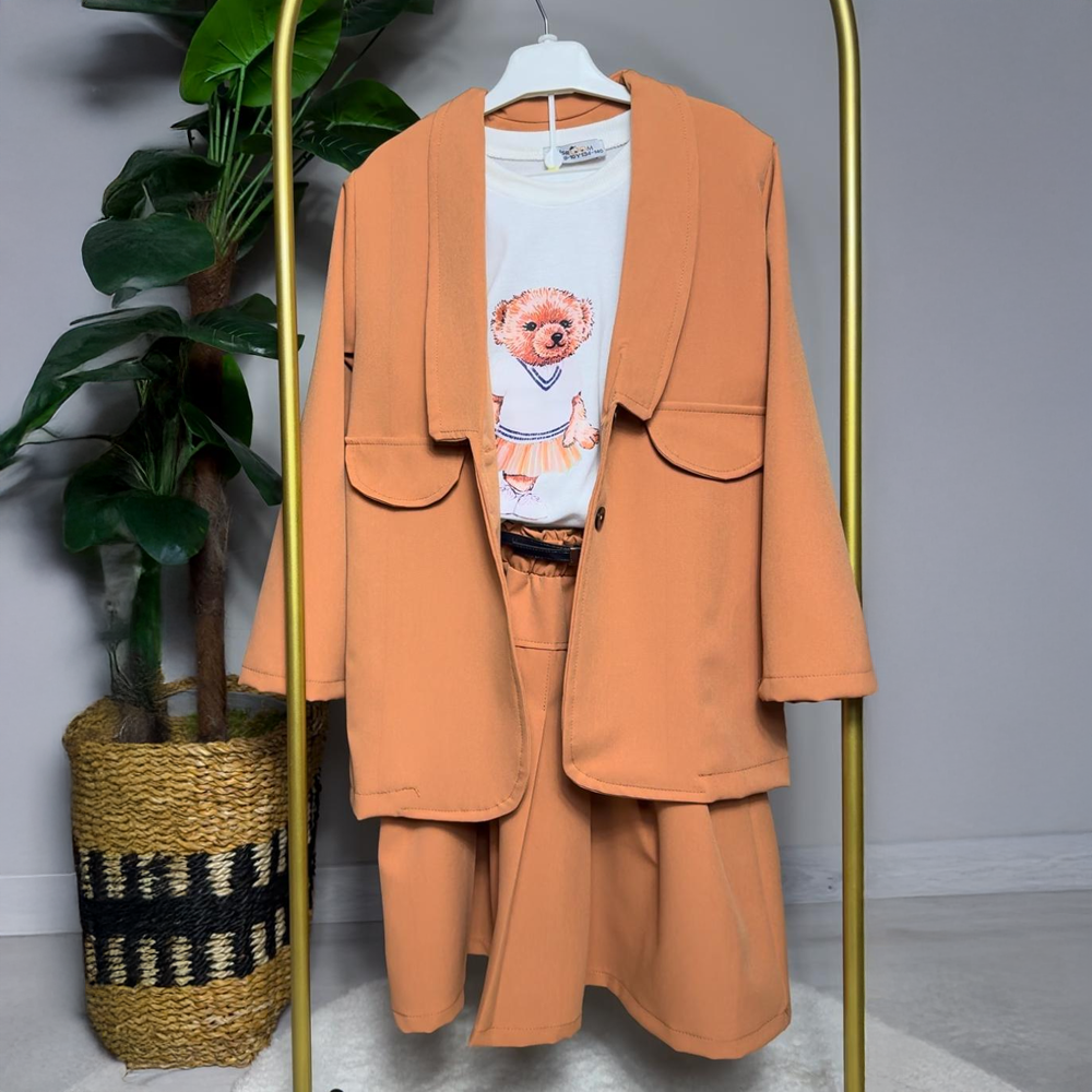 Gabardin Kumaş Ayıcık Desenli Pile Etekli Kız Çocuk 3lü Takım