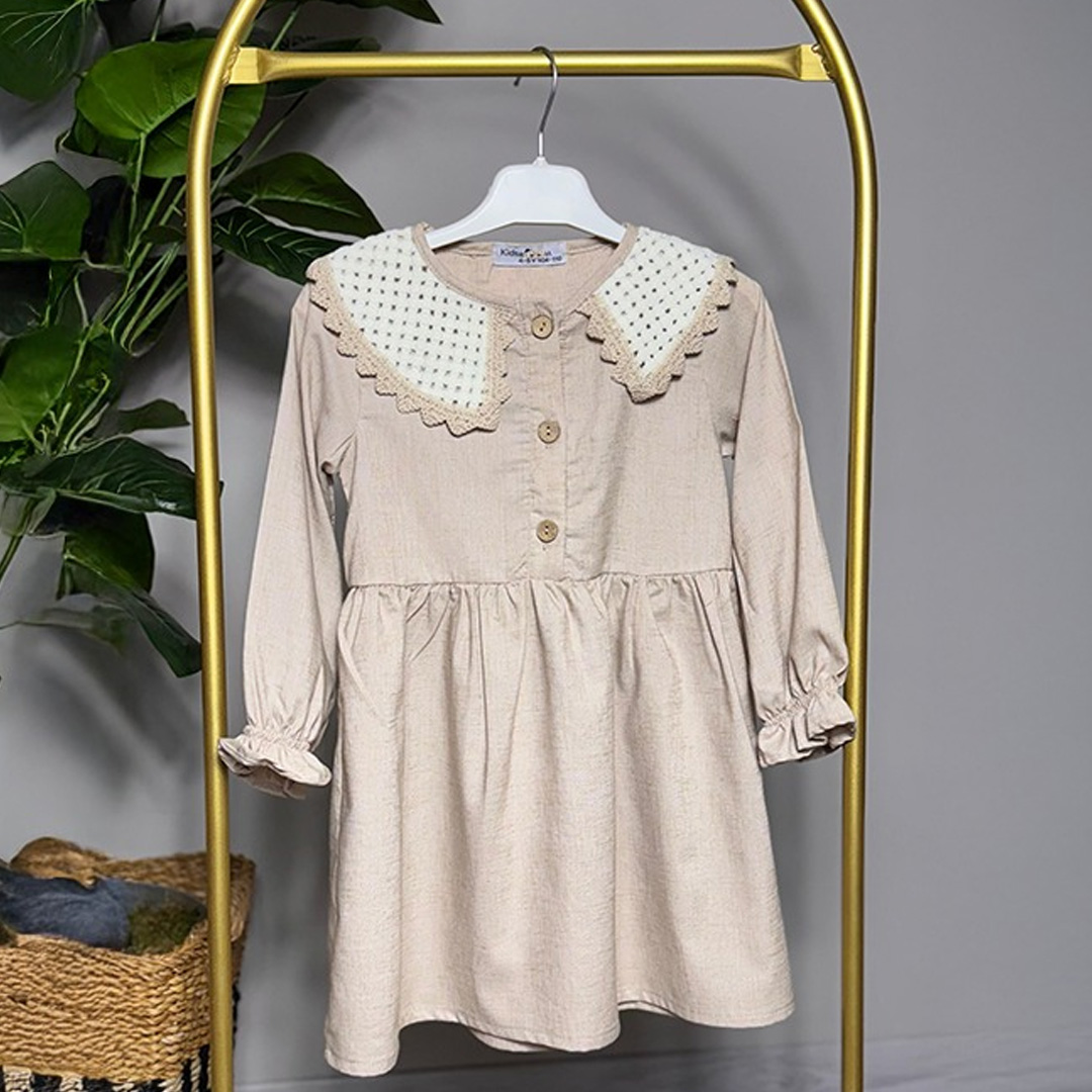 Tasarımsal Örgü Yakalı Kız Çocuk Elbise